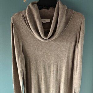 Loft L Beige Knit Sweater Long Sleeve Tunic Cowl Neck Soft Neutral Ribbed Layer